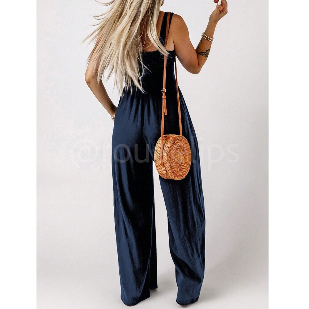 Rouge! Navy Blue Wide-Leg Smocked Jumpsuit - Picture 3 of 10